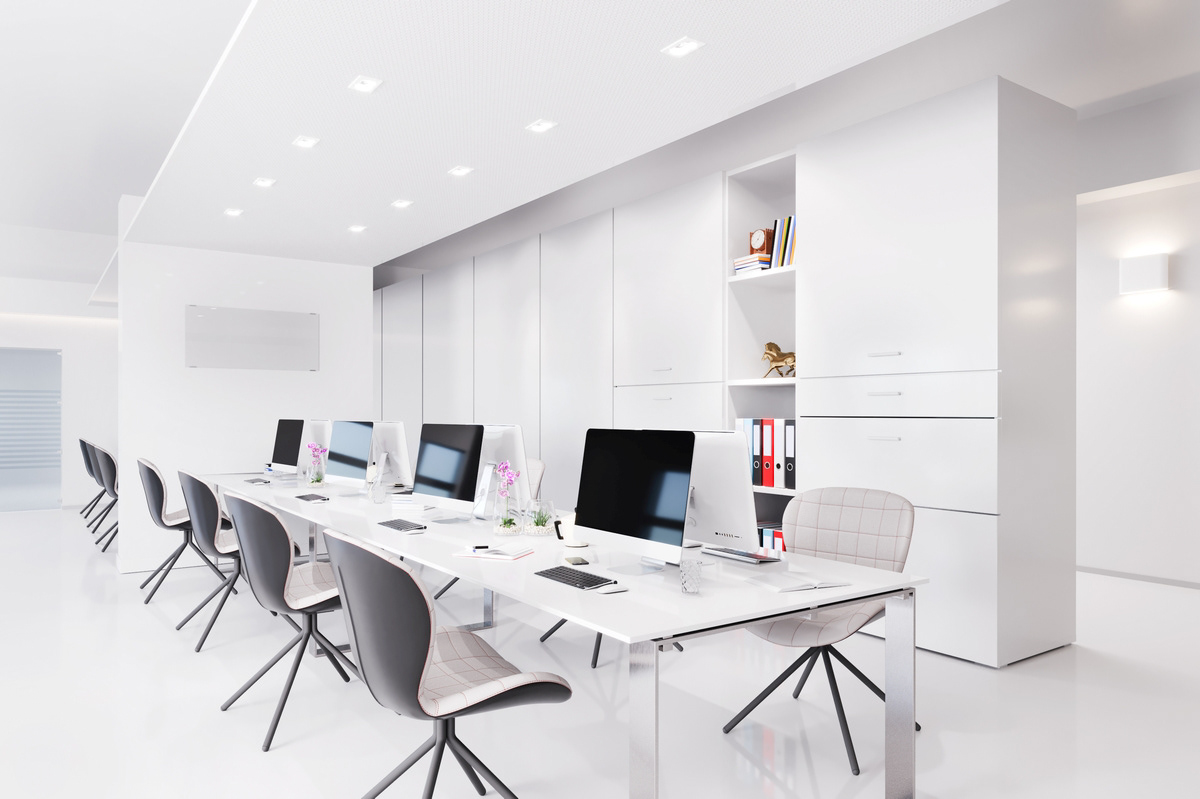 Office interior with a row of chairs, long table and computers 3d illustration